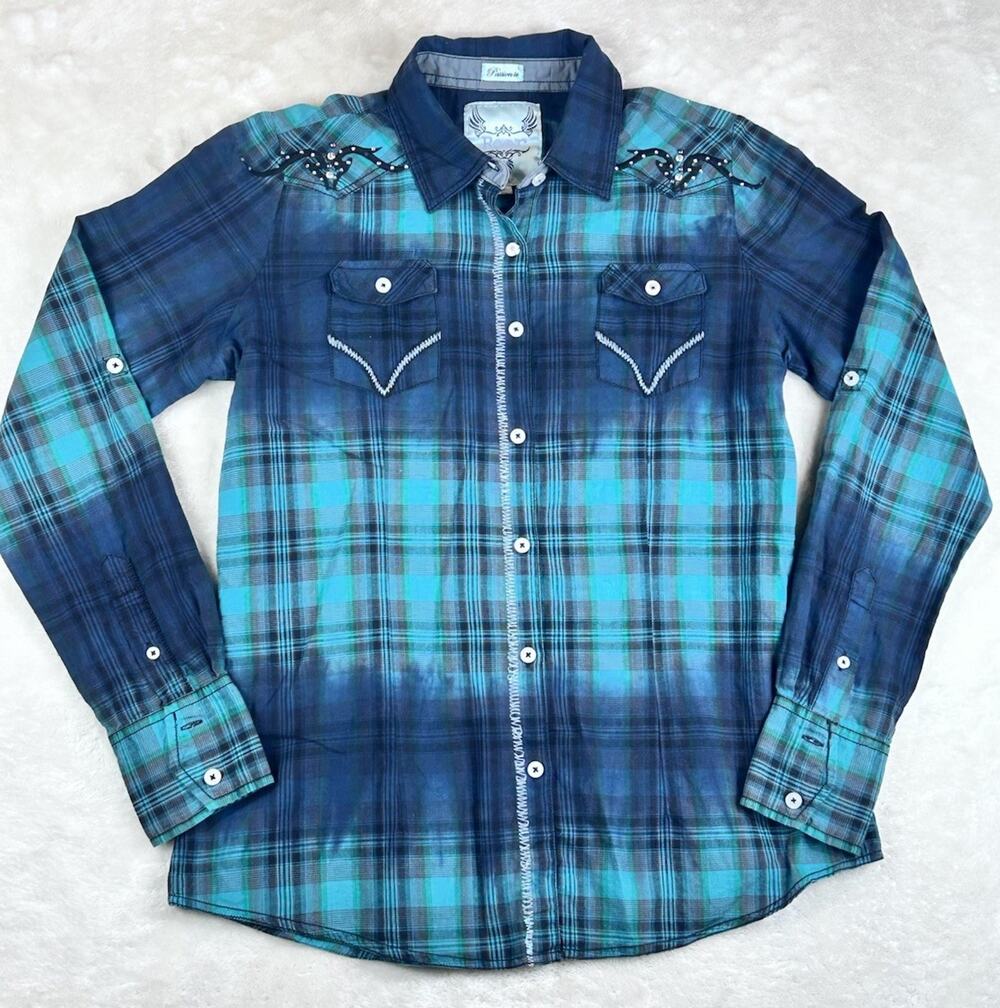 Roar Shirt Women’s Sz L Blue Plaid Embroidered Button-Up Long Sleeve Pockets